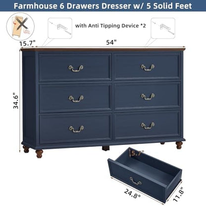 Joaxswe Farmhouse 6 Drawers Dresser for Bedroom, Vintage 54" Wide Chest of Drawers w/ 4 Wooden Legs, Rustic Large Closet Storage Dressers Organizer for Hallway, Wood TV Stand for Living Room, Blue