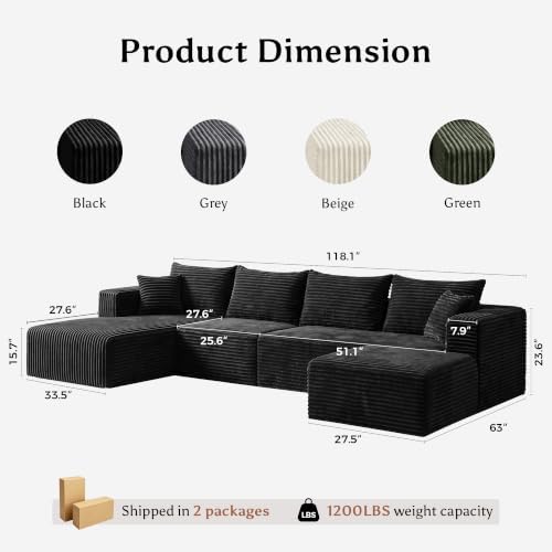 Boneless Couch for Living Room, Modular Sectional Sofa, Black