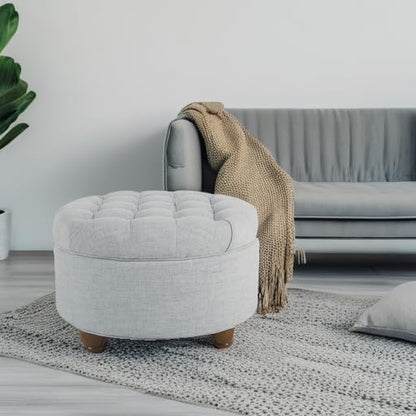 HomePop 25" Button Tufted Round Storage Ottoman - Light Blue