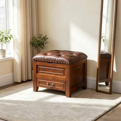 Ottoman with Storage Entryway Shoe Bench, Solid Rubberwood Footstool