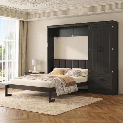 Merax Queen Size Murphy Bed with Upholstered Headboard and Wardrobe,Black