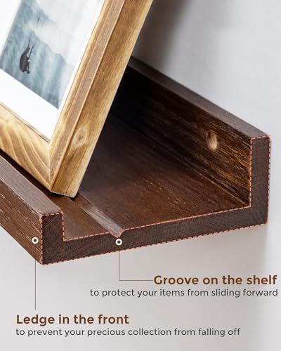 Oak Picture Ledge Shelf, 36 Inch Floating Shelves Set of 2, Solid Oak Wood Wall Shelves with Lip, Wall Decor Storage for Bedroom Living Room Bathroom Kitchen Nursery Photo Picture, Walnut