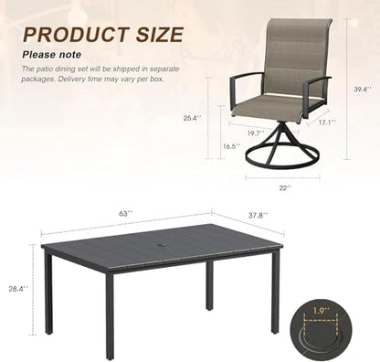 7PCS Outdoor Dining Set, 63" Rectangle Table, 6 Swivel Chairs, Brown