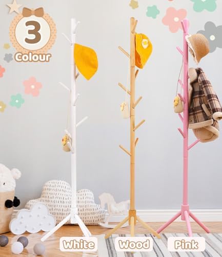 Beech Wood Kids Coat Rack - Adjustable Height Stand with 9 Hooks, Freestanding Children's Clothing Organizer for Hallway, Bedroom, Easy Assembly (Natural)