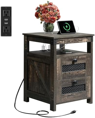 WLIVE Night Stand with Charger Station, End Tables Bedroom, Bed Side Table with 2 Wooden Storage Drawers, Farmhouse Nightstand with USB Ports and Outlets, Dark Rustic Oak