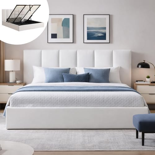 VELOCAVA California King Size Lift-Up Storage Bed, Modern Upholstered Platform Bed Frame with Vertical Channel Headboard, Hydraulic Storage, No Box Spring Needed, White