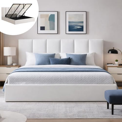 VELOCAVA California King Size Lift-Up Storage Bed, Modern Upholstered Platform Bed Frame with Vertical Channel Headboard, Hydraulic Storage, No Box Spring Needed, White