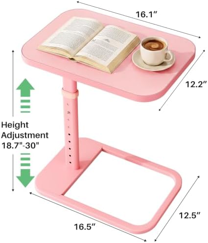 Kitstorack TV Tray Table, Adjustable Height & Rounded Metal Corners, Snack Table for Couch, Sofa, Bed, Chair, Living Room, C Shaped End Side Table for Eating, Dinner or Laptop, Small Spaces, Pink