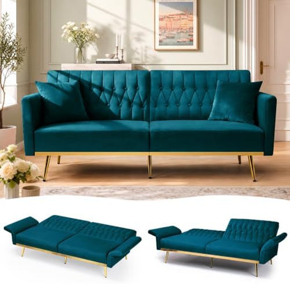 70” Velvet Futon Sofa Bed w/Adjustable Armrests, Teal