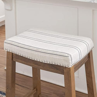 Linon Kingston Natural Wood with Upholstered Linen seat 24 Inch Seat Height Backless Counter Stool