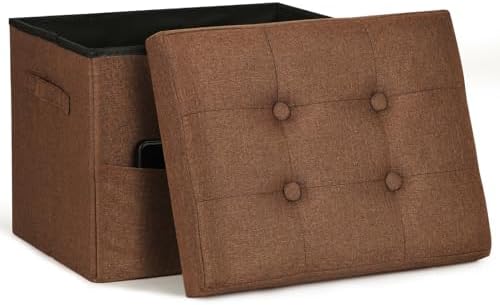 Storage Ottoman Cube, Folding Linen Ottoman Foot Rest for Living Room Brown
