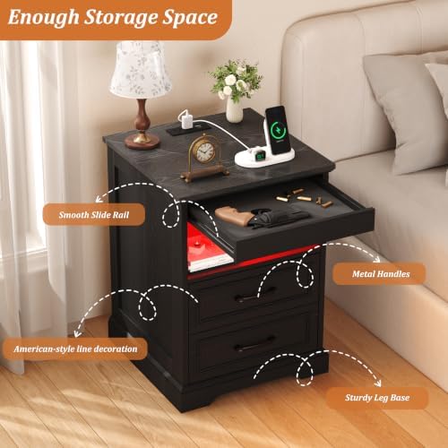 Yusong Farmhouse Night Stand with Gun Drawer & Invisible Lock, 25" Tall LED Bedside Table with Charging Station, End Table with Open Shelf for Bedroom Room (Black)