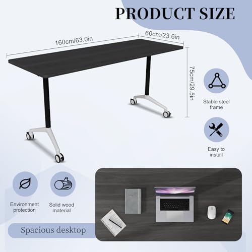 Conference Table, Folding Conference Room Tables on Wheels, Modern Meeting Seminar Table Computer Desk, Boardroom Desk for Office Meeting Conference Room,White,8 Pack 63inch