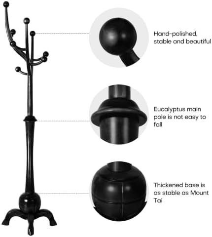 Bekrvio Black Freestanding Wood Coat Rack with 8 Hooks