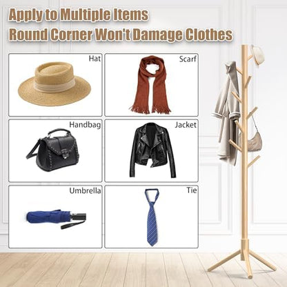Wooden Coat Rack Stand, Freestanding Coat Rack with 8 Hooks, 3 Adjustable Size Coat Tree for Hats, Coats, Scarves bags, Coat Hanger Stand Used in Bedroom/Office/Entryway,2 PCS (Natural)