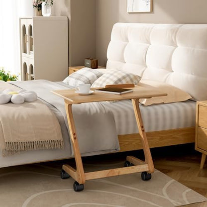 FLYJOE TV Tray Table, TV Dining Table with Casters for Small Spaces, Solid Wood End Table, Sofa Couch Side Table Removable Snack Tray for Coffee Bed Sofa Eating Writing Reading Living Room Bedroom