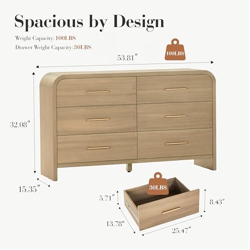 Curved 6-Drawer Dresser for Bedroom, 54" Wide Modern Chest of Drawers, Vanity Desk TV Stand for Living Room, Closet Storage Drawers Organizer Furniture, Nursery, Hallway, Gray Oak