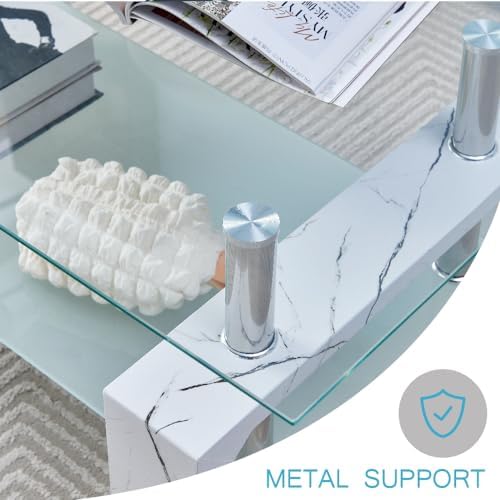 Btrpily Living Room Rectangle Coffee Table, Tea Table Suitable for Waiting Room, Modern Side Coffee Table with Wooden Leg, Glass Tabletop with Lower Shelf, Marble