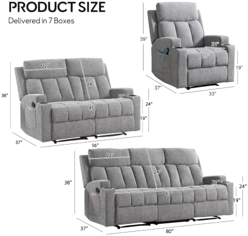 CANMOV Manual Recliner Sofa Set, Fabric Recliner Living Room Furniture Sets, 1 Seat Reclining Chair, a Loveseat, a 3 Seater Sofa Furniture Set with Side Pockets and Cup Holders, Light Grey