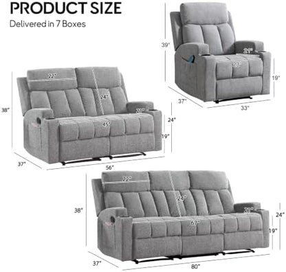 CANMOV Manual Recliner Sofa Set, Fabric Recliner Living Room Furniture Sets, 1 Seat Reclining Chair, a Loveseat, a 3 Seater Sofa Furniture Set with Side Pockets and Cup Holders, Light Grey