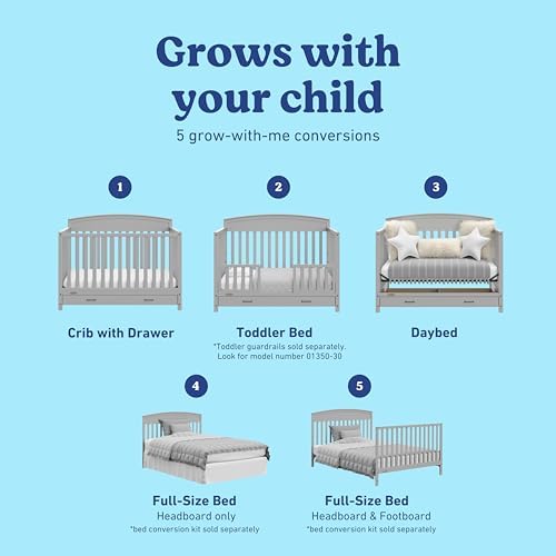 Graco Benton 5-in-1 Convertible Crib with Drawer (Pebble Gray) – GREENGUARD Gold Certified, Converts from Baby Crib to Toddler Bed, Daybed and Full-Size Bed, Full-Size Nursery Storage Drawer