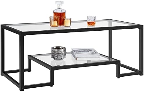 Yaheetech Glass Coffee Table for Living Room, 42" with Storage Shelf, Black