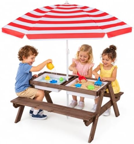 HONEY JOY Kids Picnic Table, 4 in 1 Cedar Wooden Sand & Water Table w/ 3 Removable Box & Umbrella, Kids Picnic Tables for Outdoors Backyard Garden, Toddler Patio Furniture Set for Boys Girls(Red)