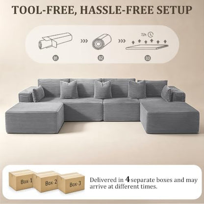 138" Oversized Boneless Couches for Living Room,3-Seat Modular L-Shaped Sectional Sofa with Right-Facing Chaise,Ottoman,Deep Seat Memory Foam,No Assembly Required,Light Gray