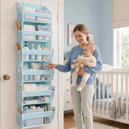 Over the Door Organizer, 6-Tier, 100D Fabric, Baby Blue 1pc