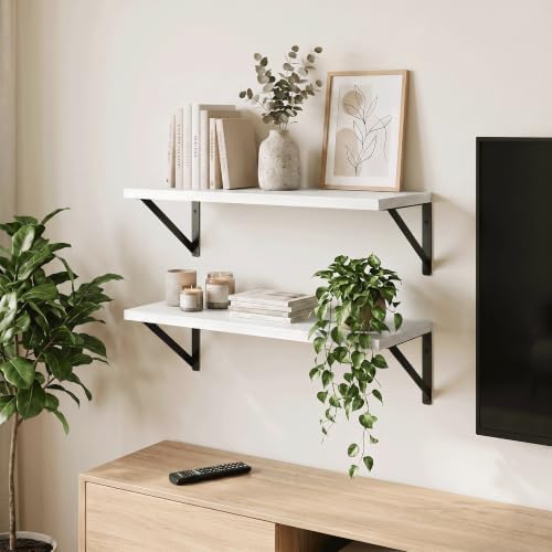 Floating Shelves, 36 x 12 Inches, Set of 2 Wall-Mounted Shelves with Metal Brackets, Decorative Wall Shelf for Living Room, Bedroom, Bathroom (White)