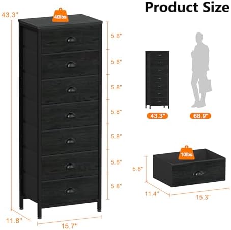 Black Bedroom Dresser, Tall Chests of Drawers with 7 Fabric Bins