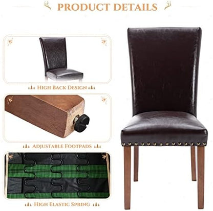 Parsons Dining Chairs Set of 6, Upholstered Nailhead PU Leather Dining Room Kitchen Side Chair with Thick Cushions and Wood Legs, Dark Brown