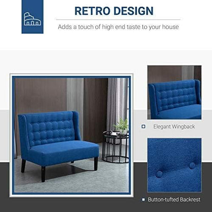 HOMCOM Wingback Double Sofa Linen Fabric Upholstery Button Tufted Loveseat Armless Couch Modern Contemporary Living Room Settee with Wood Legs, Blue