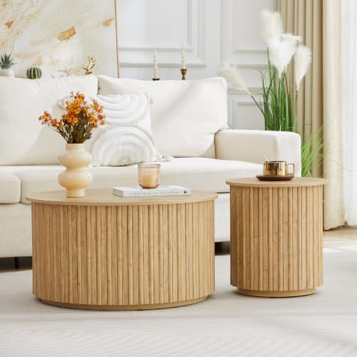 Fluted Round Nesting Coffee Table Set of 2 Circle Center Table with Storage