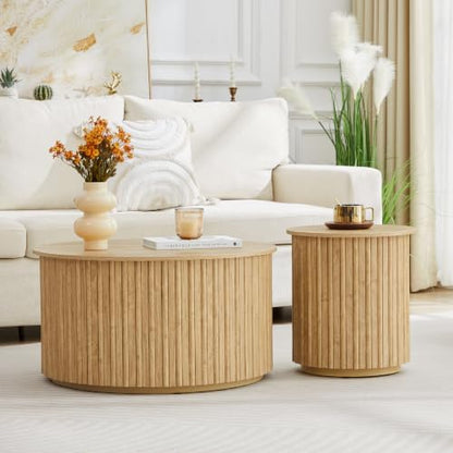 Fluted Round Nesting Coffee Table Set of 2 Circle Center Table with Storage