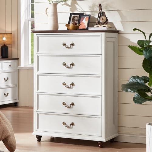 Joaxswe Farmhouse 5 Drawer Dresser for Bedroom, 45" Tall Rustic Chests of Drawers w/ 4 Solid Wood Feet, Mid Century Modern Wooden Closet Storage Dressers Organizer for Living Room, Hallway, White