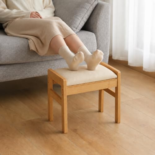 BAMBOOHOMIE Foot Stool Ottoman, Modern Vanity Stool Chair for Makeup with Removable Cushion & Side Handles, Bamboo Ottoman for Living Room Bedroom Office, Small Foot Rest for Couch (Natural - Beige)