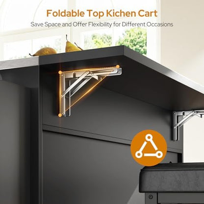 56'' Rolling Kitchen Island with Seating and Stainless Steel Countertop, Folding Drop Leaf, Bar Stool, Power Outlet, Spice/Towel Rack, Black