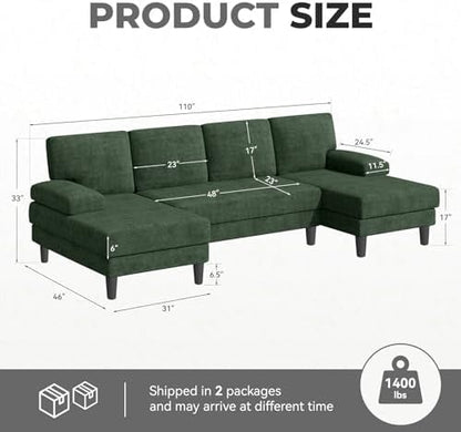 U-Shaped Sectional Sofa for Living Room, Modern Modular Sofa with Double Chaise, Classic Lounge Couch Sleeper for Apartment, Forest