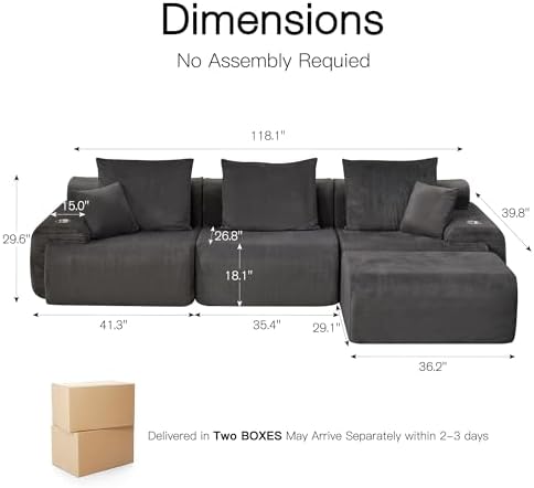 HOMREST 118" Cloud Couch, Modular Sectional Sofa with Movable Ottoman