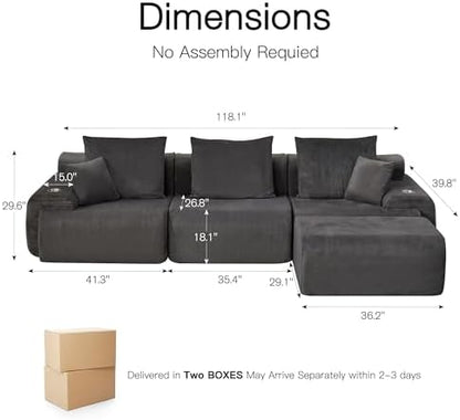 HOMREST 118" Cloud Couch, Modular Sectional Sofa with Movable Ottoman