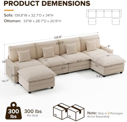 140“ Oversized Modular Sectional Sofa, U Shaped Cloud Couches with Ottomans