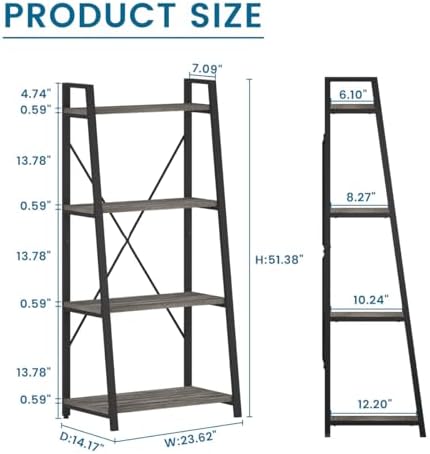 Ladder Bookshelf, 4 Tier Ladder Shelf Bookcase, Wood Leaning Book Shelves for Living Room, Bedroom, Home Office Shelving Unit (Dark Grey Oak)