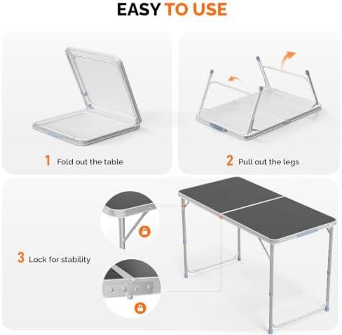 VINGLI 4FT White Folding Table with Carrying Handle Height Adjustable Lightweight Fold Up Portable for Indoor Outdoor Picnic,Camping,Hiking,Fishing,BBQ …