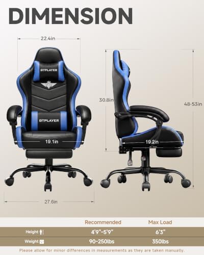 GTPLAYER Gaming Chair for Adults, Computer Chair with Footrest, Blue New