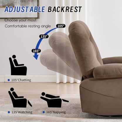 Power Swivel Rocker Recliner Chair for Adults, Electric Rocking Recliner with Massage and Heat for Living Room Bedroom, Fabric Reclining Sofa Chair with USB and Type-C Ports,Brown