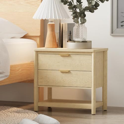 MALOL Night Stand Set of 2 with Open Storage Shelf, Natural Wood