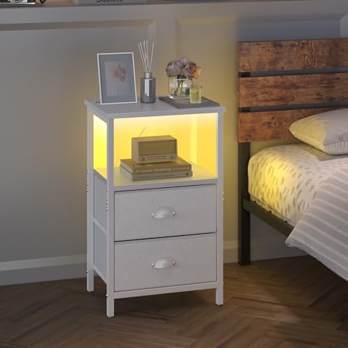 sthmec Nightstand with Charging Station, LED Night Stand with 2 Fabric Drawers PU Finish, Bedside Tables End Table with LED Light, 3-Tier Storage Side Table Nightstand with Drawers for Bedroom,White