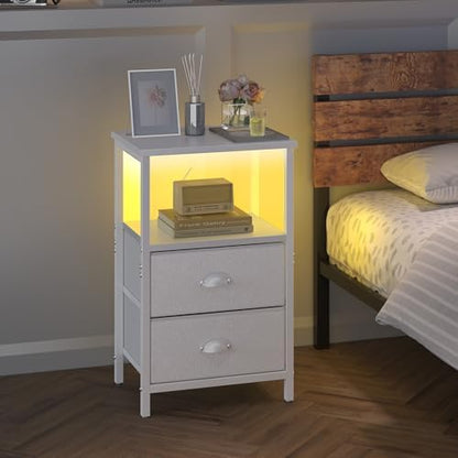 sthmec Nightstand with Charging Station, LED Night Stand with 2 Fabric Drawers PU Finish, Bedside Tables End Table with LED Light, 3-Tier Storage Side Table Nightstand with Drawers for Bedroom,White