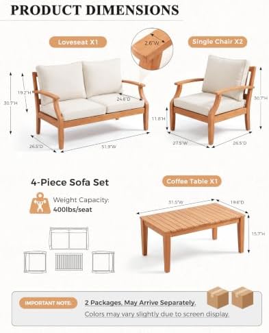 Devoko 4 Pieces Outdoor Sectional Sofas with 4” Zippered Cushions, Beige